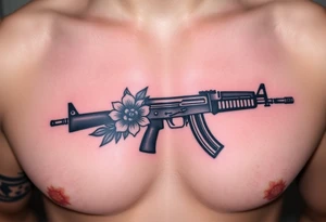 ak 47 black silhouette with floreal details tattoo idea
