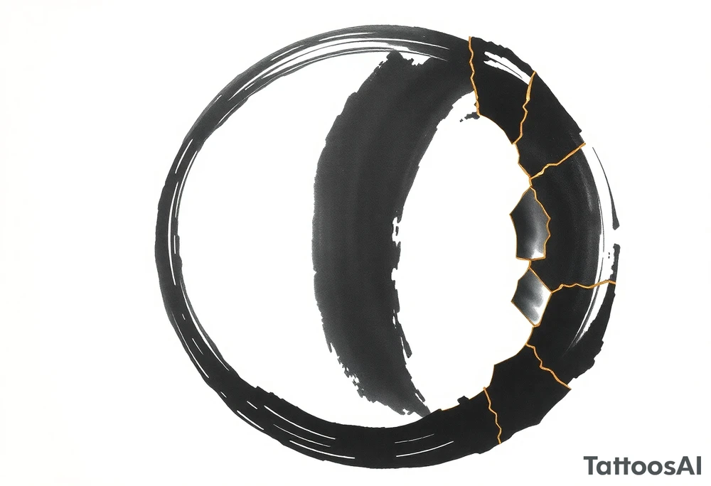 A Japanese‑inspired tattoo of a thick Zen ensō circle, drawn with a bold, hand‑painted black ink brushstroke. The circle is imperfect and organic, with visible texture and subtle variation in line thickness. About the last quarter of the circle, near the top‑right, transforms into a cracked ceramic segment that has been repaired using kintsugi: visible broken pieces outlined and joined by thin, flowing gold lines. There should be a couple big pieces rather than lots of small ones. The circle and the ceramic part should have the same thickness. The gold seams follow the natural fractures of the ceramic section, creating several branching cracks rather than a single line, clearly distinguishing this repaired portion from the rest of the smooth ink circle. The transition from ink to ceramic should feel natural, as if the painted circle solidifies into a fragile object that has been lovingly mended. Keep the interior of the circle empty, with a clean white background and no extra symbols or text. Design it as a black and gray tattoo with a subtle metallic gold effect on the kintsugi seams, suitable for a medium‑sized placement on the back of the bicep. tattoo idea