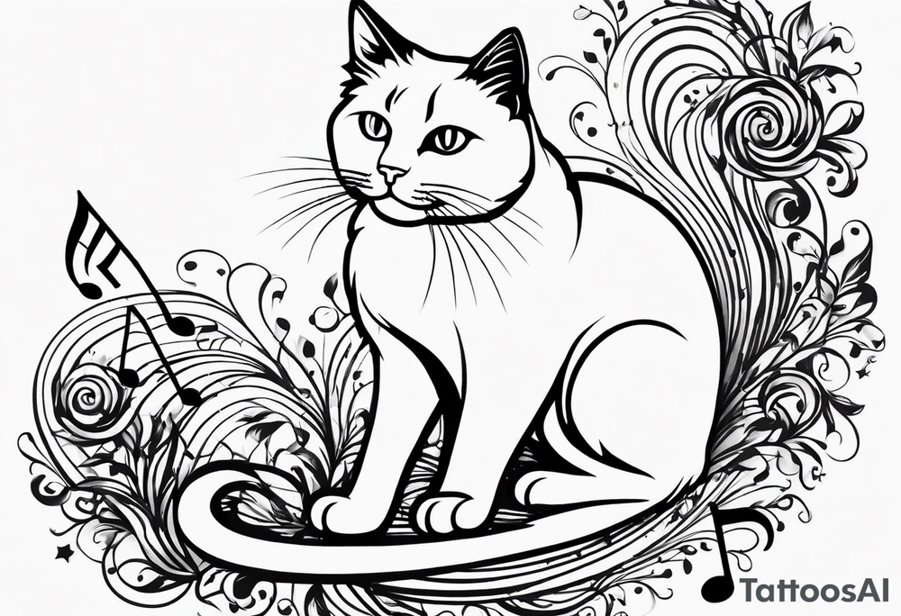 Outline of cat reaching to a music note, small tattoo idea