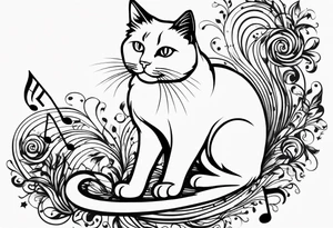 Outline of cat reaching to a music note, small tattoo idea