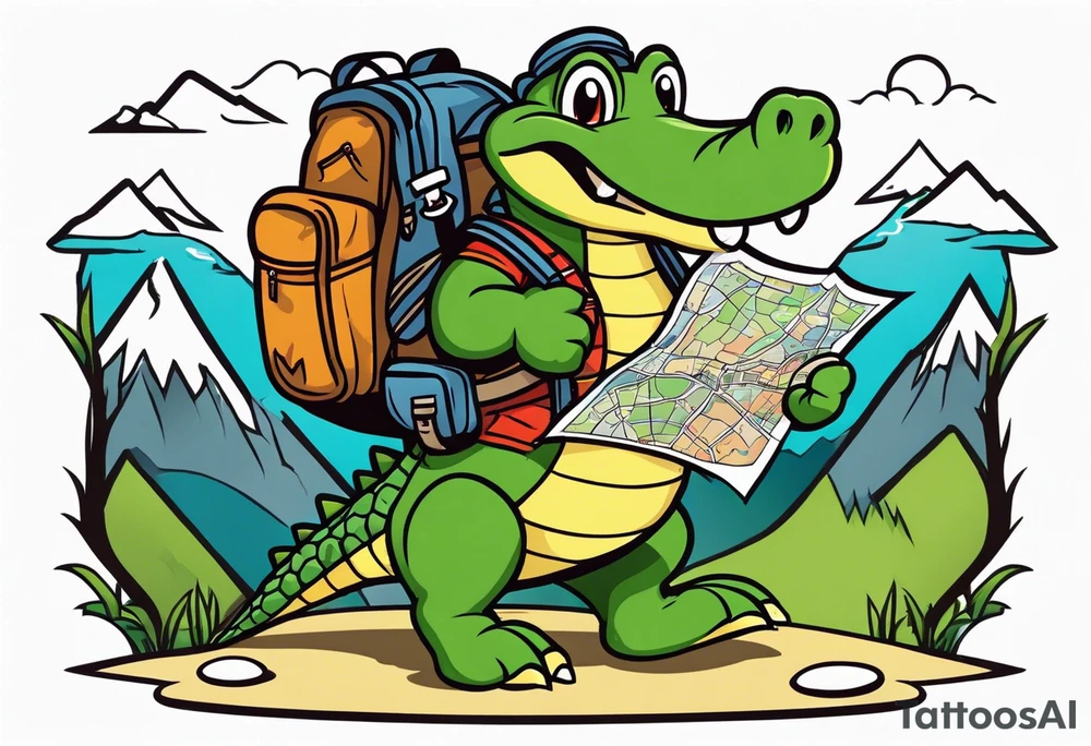 Cartoon alligator with a map and backpack lost in the mountains tattoo idea