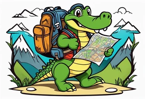 Cartoon alligator with a map and backpack lost in the mountains tattoo idea