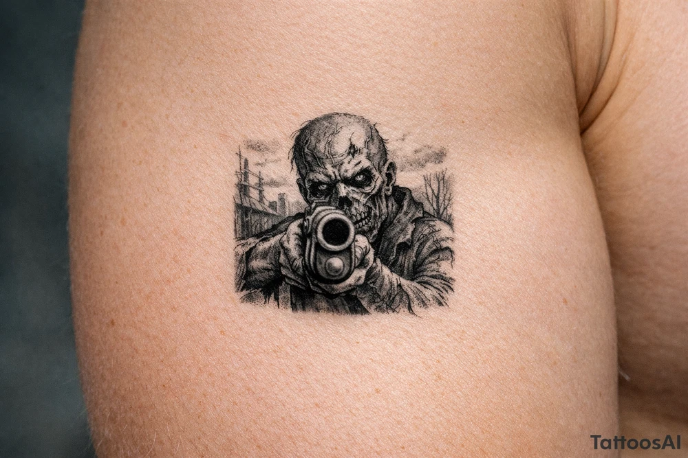 Close-up of zombie's face, shotgun barrel pointed forward, desolate background. tattoo idea
