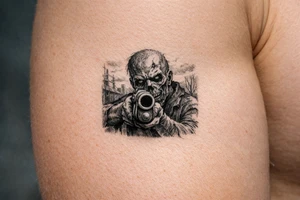Close-up of zombie's face, shotgun barrel pointed forward, desolate background. tattoo idea