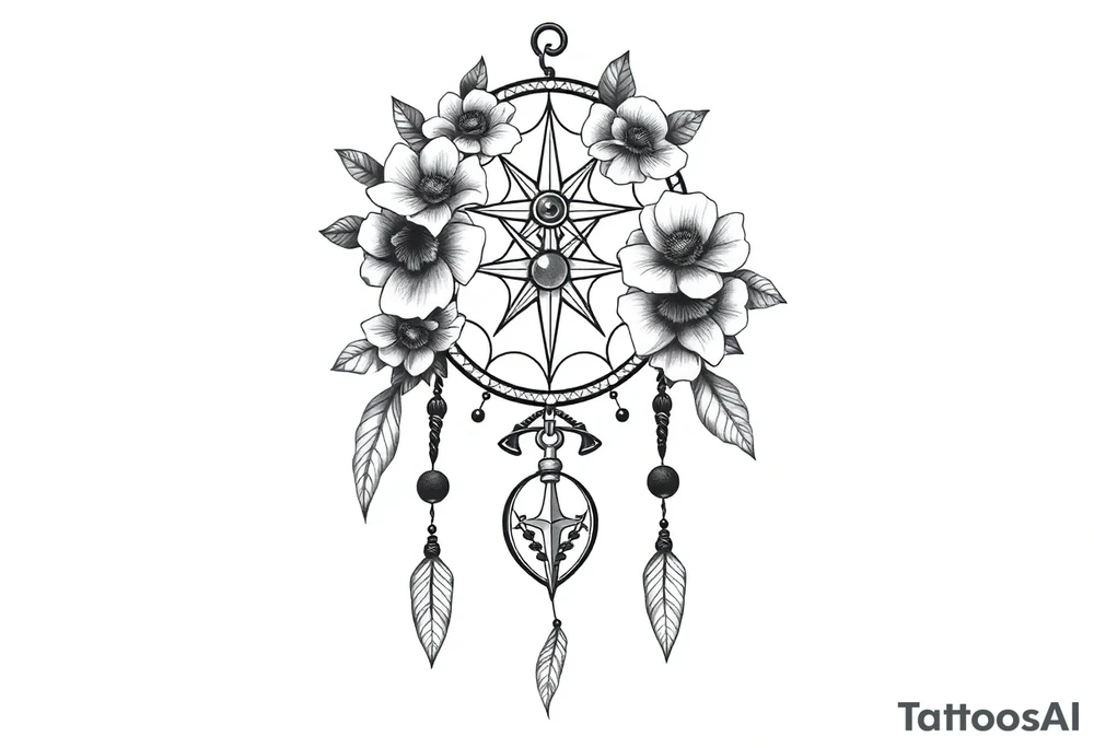 Boho dream catcher with compass and anchor Beautiful flowers and an ornamental chandelier like look tattoo idea