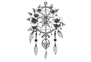 Boho dream catcher with compass and anchor Beautiful flowers and an ornamental chandelier like look tattoo idea
