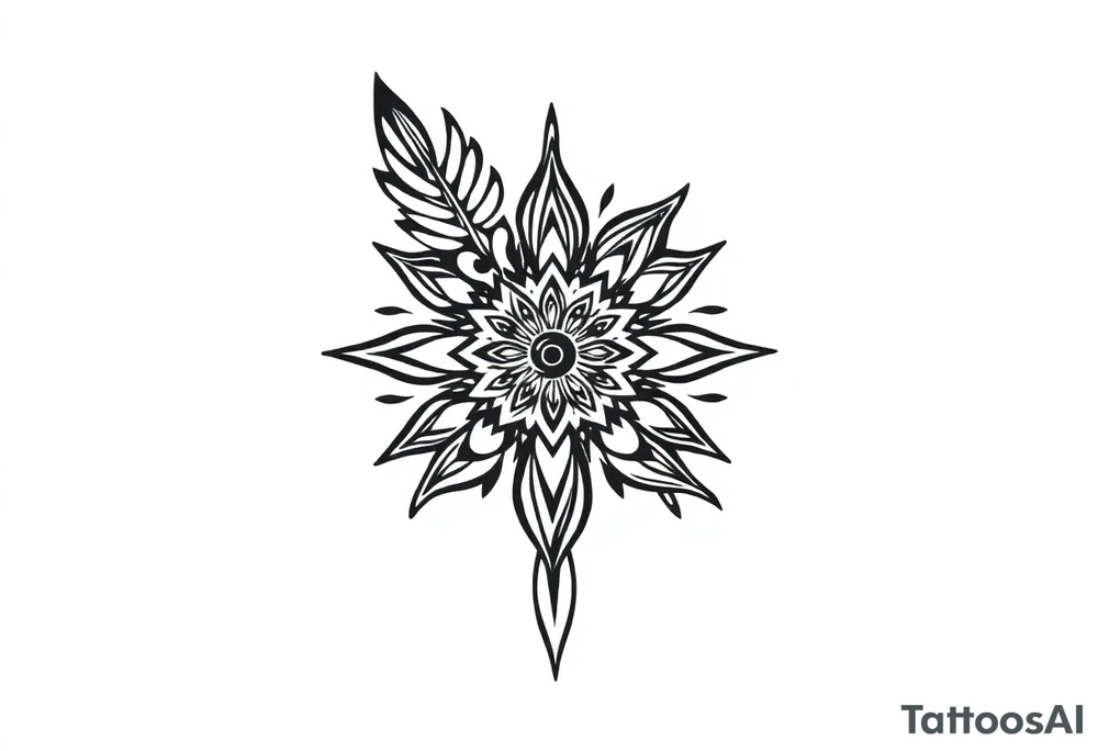 spiritual bold line feather indian mandala shaman tattoo idea
