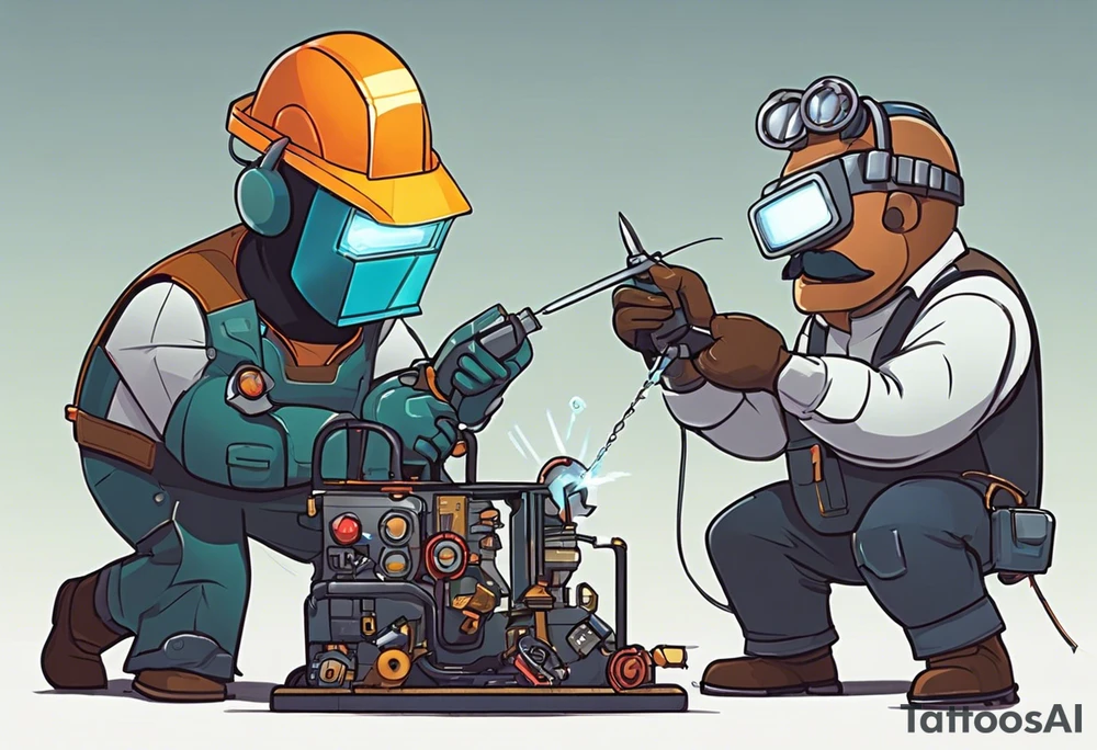 Two 60-year-old characters working together on creating a big mechanism made of iron, gems and electronic circuits. The first character is a welder, dressed in a welding suit and mask. The second character is a fitter, wearing a shirt with sleeves rolled up to the forearms and a tool belt. has no hat. The mechanism they are working on should be in the center of the drawing, should look like a human heart and to be 1\5 of the whole immage.  Characters positioned on either side of the mechanism. tattoo idea