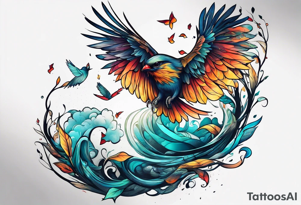 leave's tree flying away bird tattoo idea