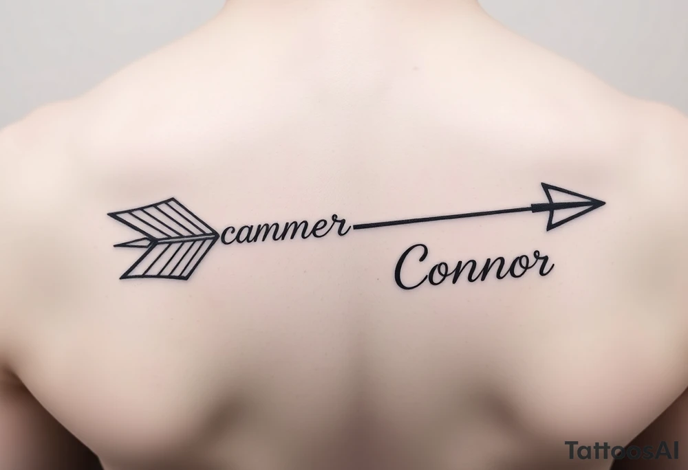 1 feminine arrow that incorporates the name Cameron and another feminine arrow that incorporates the name Connor tattoo idea