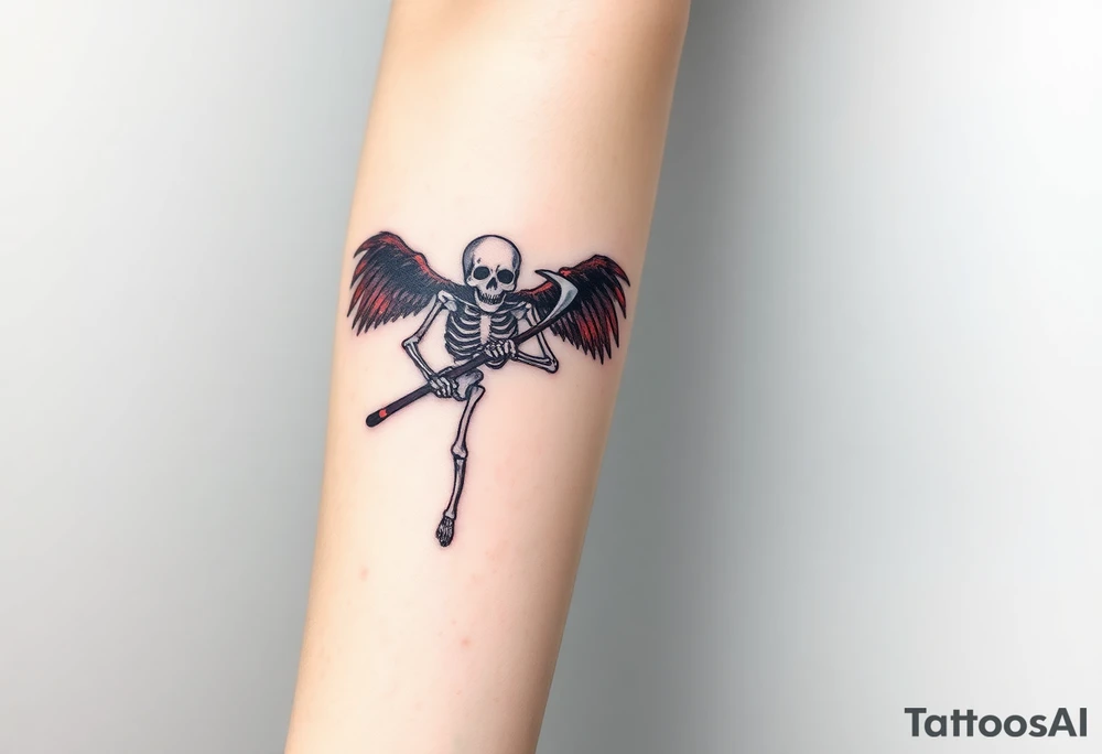 A winged skeleton clutching a scythe, its wings composed of intertwined black and blood-red feathers with highlights of dark orange at the edges. tattoo idea