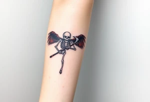 A winged skeleton clutching a scythe, its wings composed of intertwined black and blood-red feathers with highlights of dark orange at the edges. tattoo idea