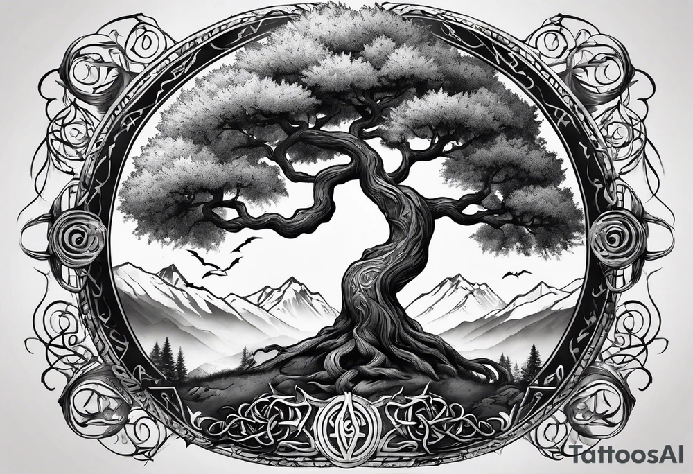 Yggdrasil and a long sword underneath surrounded by Nordic runes tattoo idea