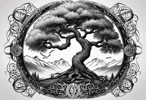 Yggdrasil and a long sword underneath surrounded by Nordic runes tattoo idea