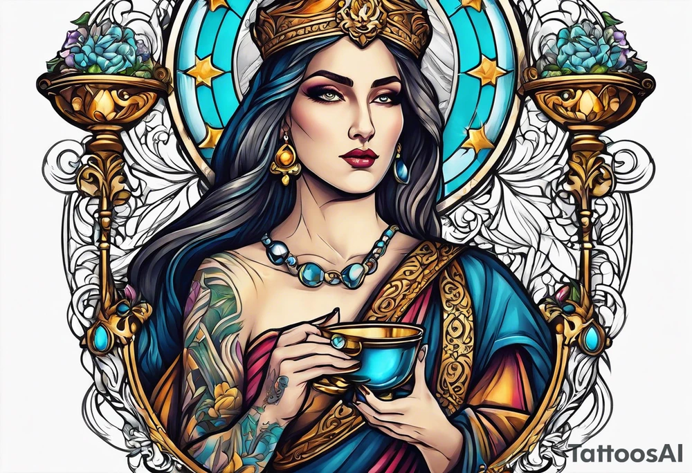 holy saint woman turned away
 holding a chalice tattoo idea