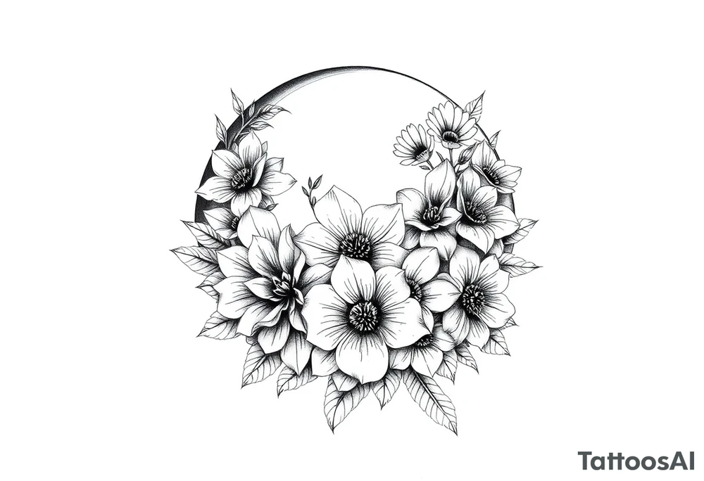 moon-shaped diferent flowers tattoo idea