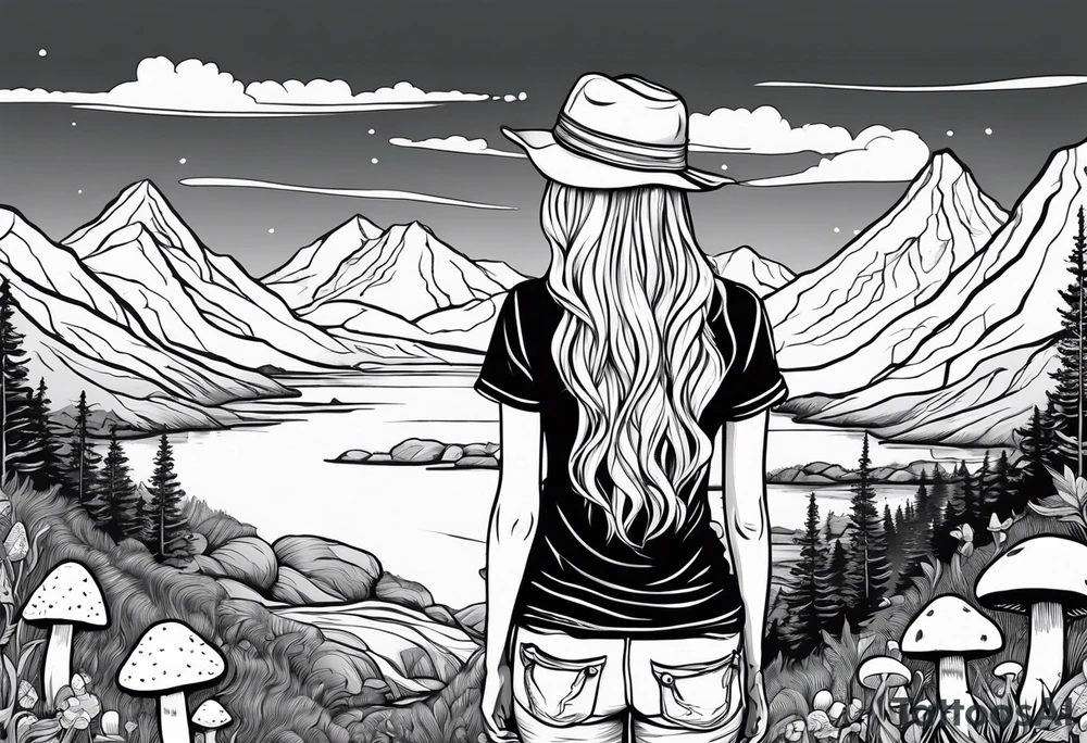 Straight long blonde hair hippie girl in distance holding mushrooms in hand facing away toward mountains and creek surrounded by mushrooms tee shirt and hiking pants tattoo idea