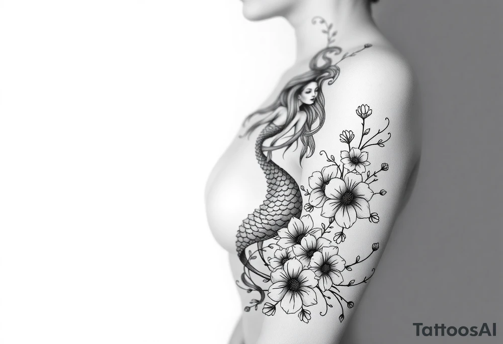 ethereal mermaid with flowing hair among coral and sea flowers tattoo idea