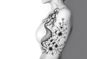 ethereal mermaid with flowing hair among coral and sea flowers tattoo idea