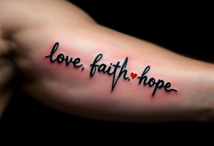 "Love, Faith, Hope" formed by a single black line connecting into a heartbeat waveform with red accents. tattoo idea