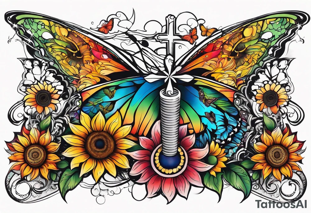 arm sleeve with winged cross, rainbow sunflowers and butterflies tattoo idea