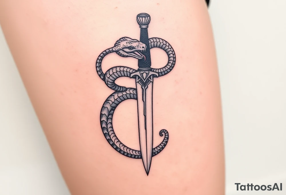 mystical snake coiled around an ancient dagger with jeweled hilt tattoo idea