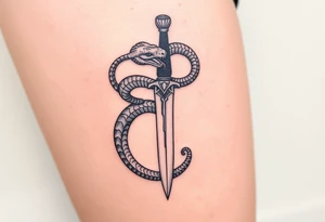 mystical snake coiled around an ancient dagger with jeweled hilt tattoo idea
