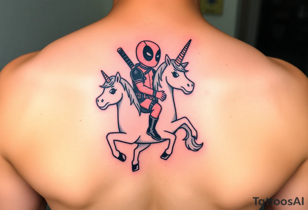 Deadpool riding unicorn holding rpg tattoo idea