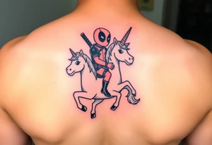 Deadpool riding unicorn holding rpg tattoo idea