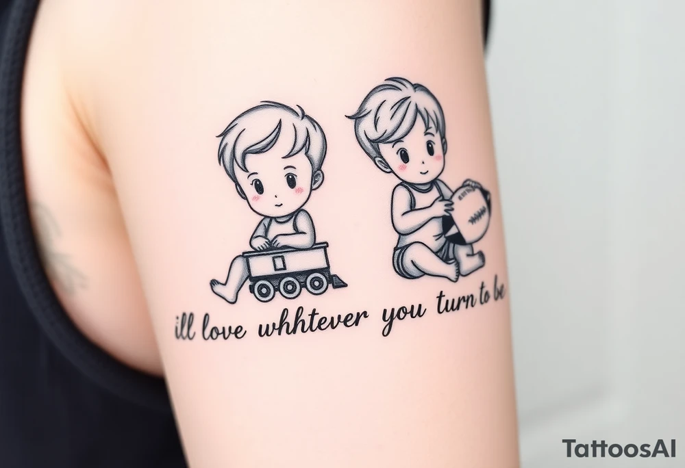 Two little boys one with small toy train one with a football written underneath "ill love whoever you turn out to be" tattoo idea