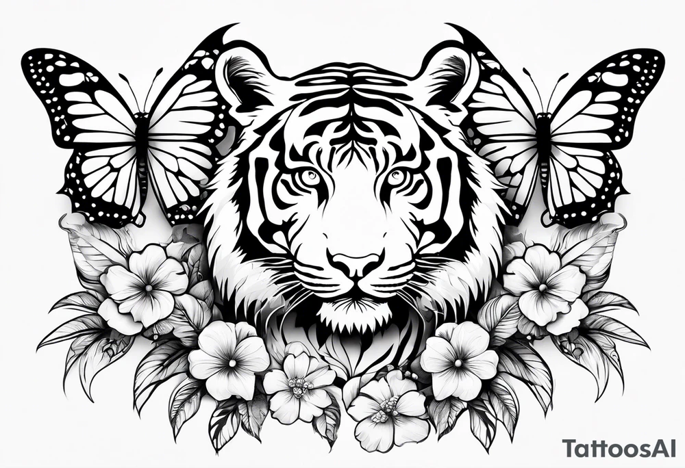 tiger, 3 butterflies, flowers for ladies thigh / hip tattoo idea