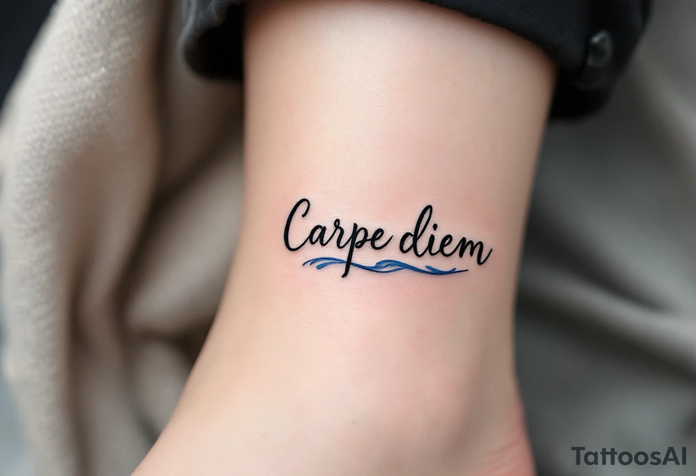 A minimalist monoline black "Carpe Diem" with a small blue wave curling beneath the words. tattoo idea