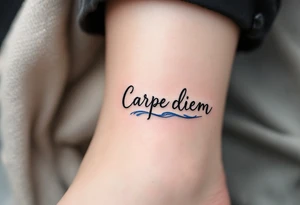 A minimalist monoline black "Carpe Diem" with a small blue wave curling beneath the words. tattoo idea