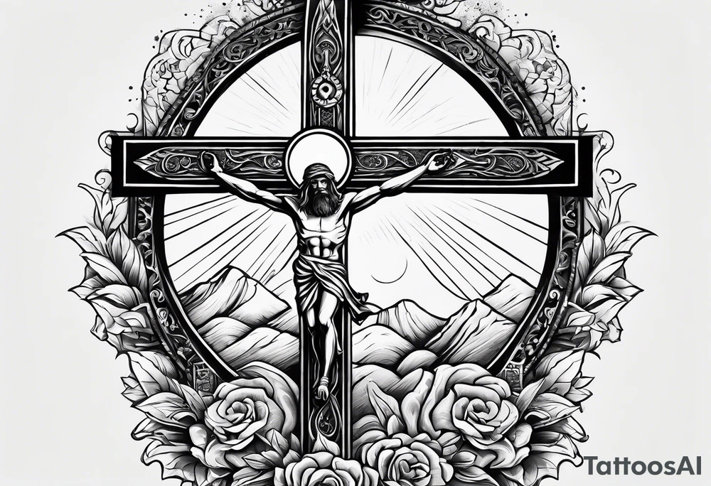 Tomb with cross and sun in the background tattoo idea