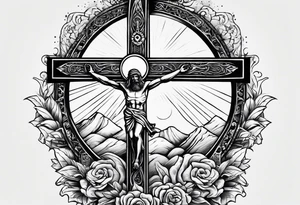 Tomb with cross and sun in the background tattoo idea
