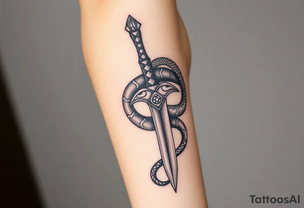 mystical snake coiled around an ancient dagger with jeweled hilt tattoo idea