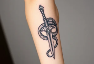 mystical snake coiled around an ancient dagger with jeweled hilt tattoo idea