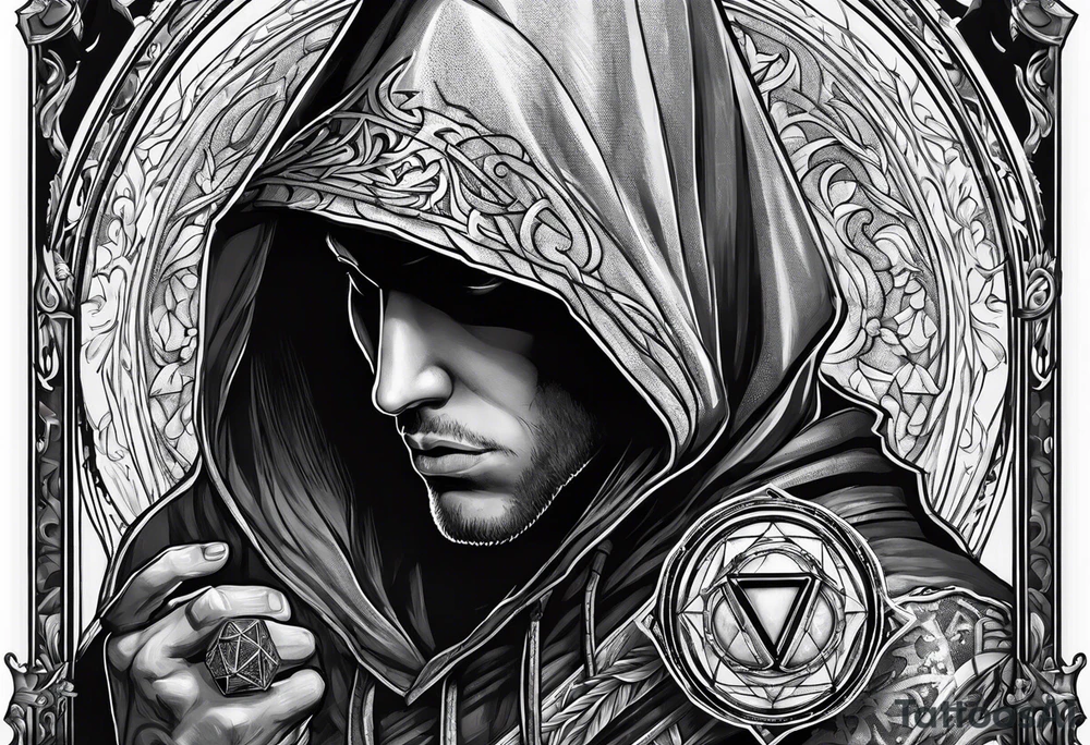 hooded figure holding a d20 tattoo idea