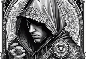 hooded figure holding a d20 tattoo idea