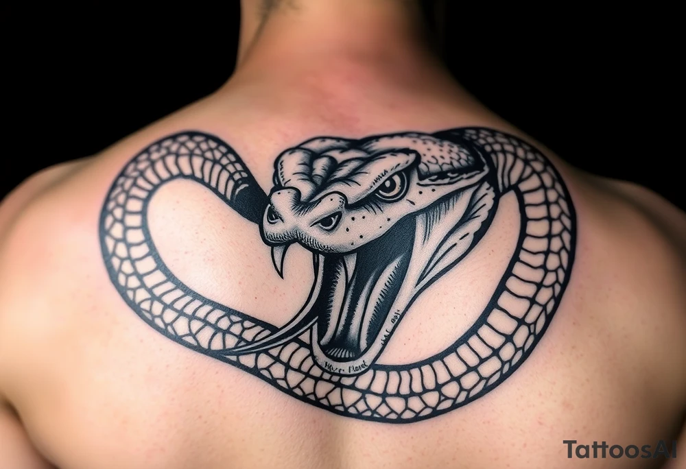 A dangerous snake it has a wide shaped cobra head with a mouth full of sharp teeth and long fangs like a sab tattoo idea