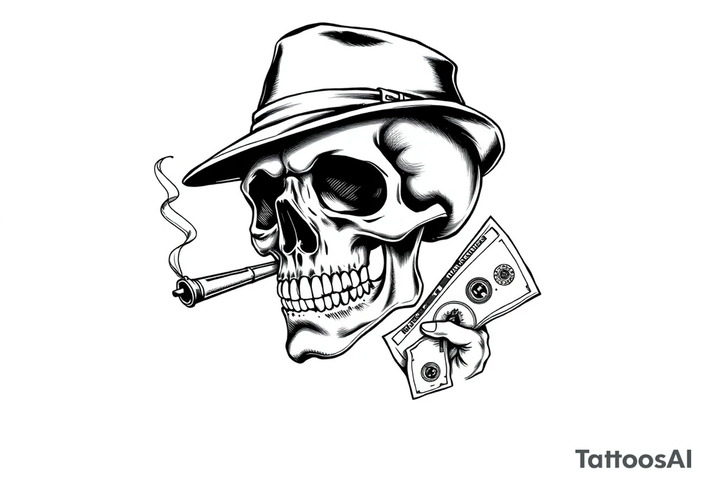 skull with cigar in his mouth,a mustache,a top-hat and money in a hand. tattoo idea