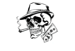 skull with cigar in his mouth,a mustache,a top-hat and money in a hand. tattoo idea