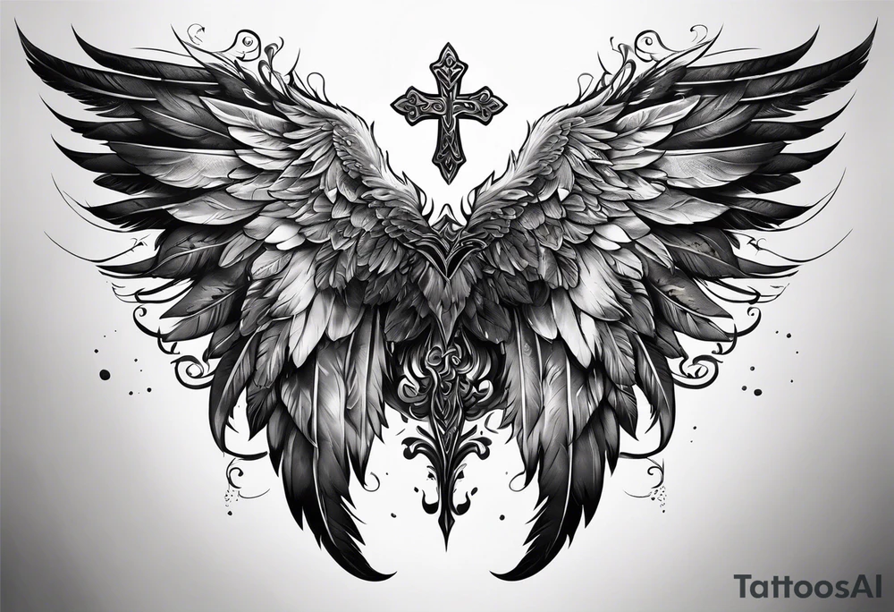 Realistic wings with an upside down cross between the wings tattoo idea