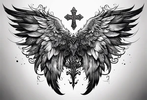 Realistic wings with an upside down cross between the wings tattoo idea