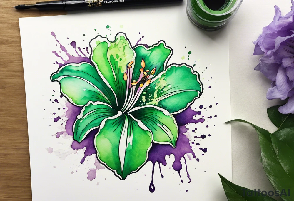 An outline of an only green rio dipladenia flower and a green and purple watercolor splash in the background tattoo idea