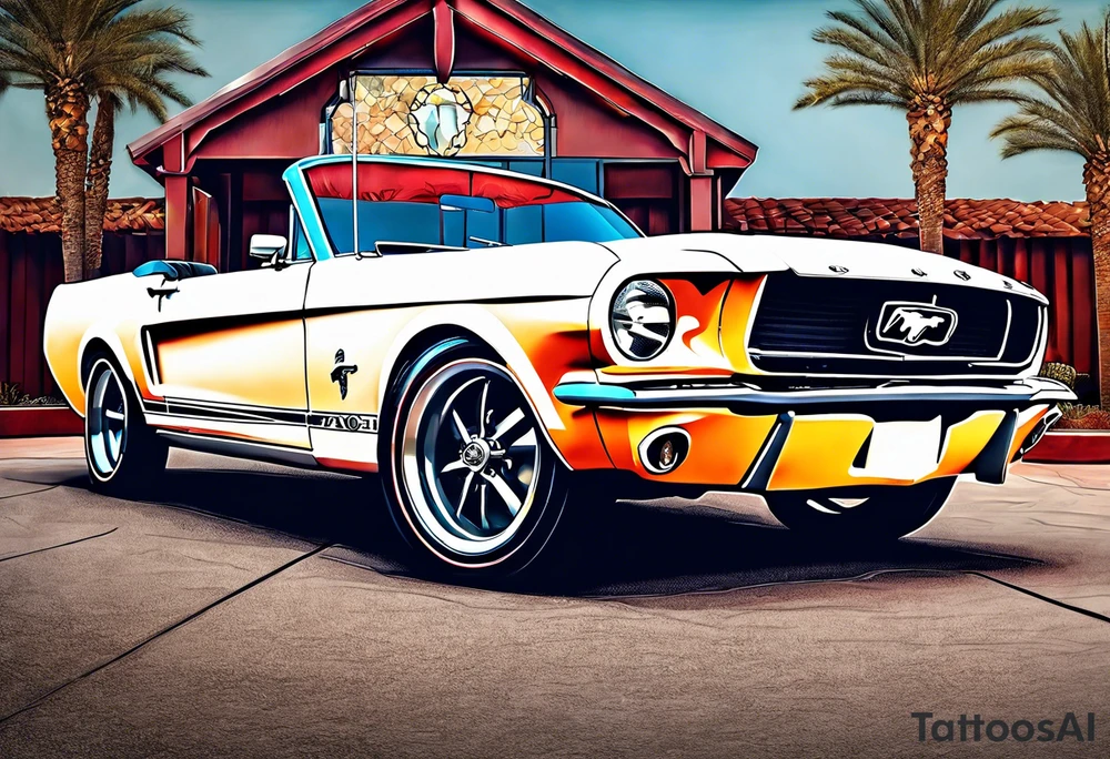 Ford mustang in front of little white Wedding Chapel in las vegas tattoo idea