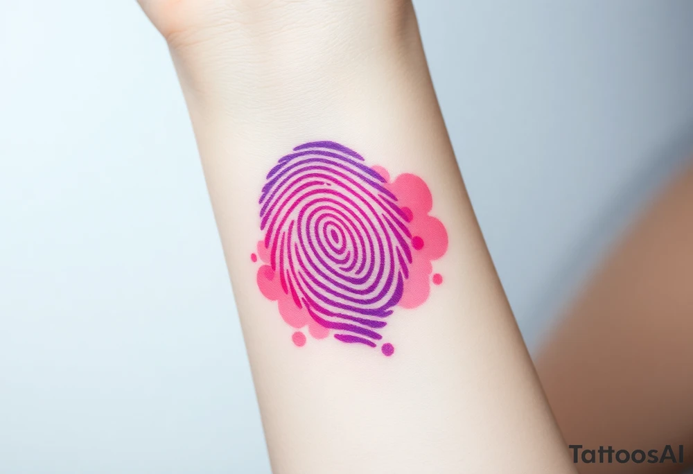 A single fingerprint in vibrant purple and pink hues, fading into a delicate watercolor background, symbolizing individuality and love tattoo idea