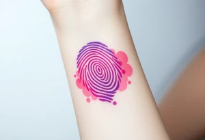A single fingerprint in vibrant purple and pink hues, fading into a delicate watercolor background, symbolizing individuality and love tattoo idea