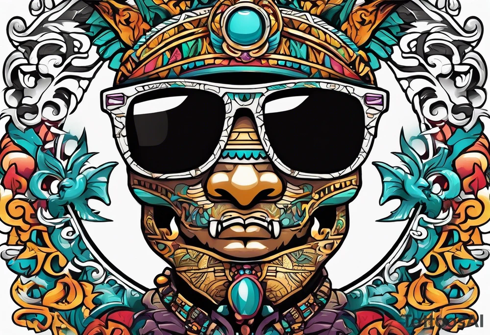 Colorful Mayan hieroglyph wearing sunglasses with bats and water tattoo idea