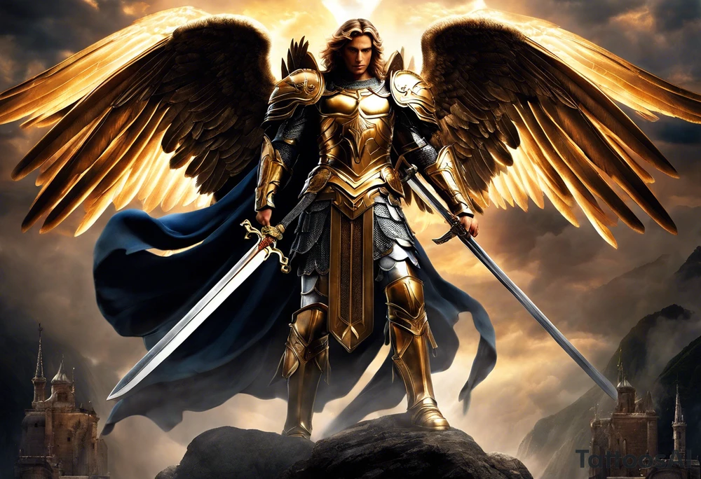 **Tattoo Design: Archangel Michael**

- **Central Theme**: Archangel Michael, majestic and powerful, stands ready with a raised sword, prepared to battle evil.
- **Appearance**: The figure of Archangel Michael depicted in full angelic armor, with majestic wings spread wide.
- **Expression**: His stance conveys strength, courage, and determination in defense of good.
- **Details**: Focus on intricate details such as facial features, armor embellishments, and the raised sword.
- **Background**: May be stylized as celestial, with rays of light or clouds, accentuating the divine presence of Archangel Michael.
- **Placement**: Intended for placement on the chosen body area, with the option to adjust the size according to personal preferences. tattoo idea